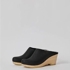 No. 6 Black Leather Wedge Clog Mules